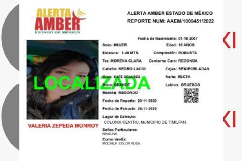 Localizan a Valeria, desaparecida en Timilpan,  sana y salva en Toluca